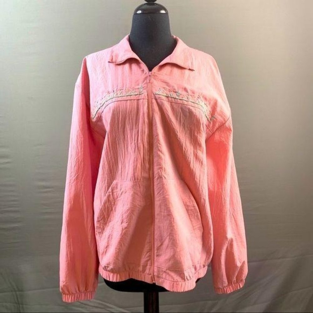 Teddi Vintage Pink Floral Embroidered Plus Size Grandma Zip Up Windbreaker